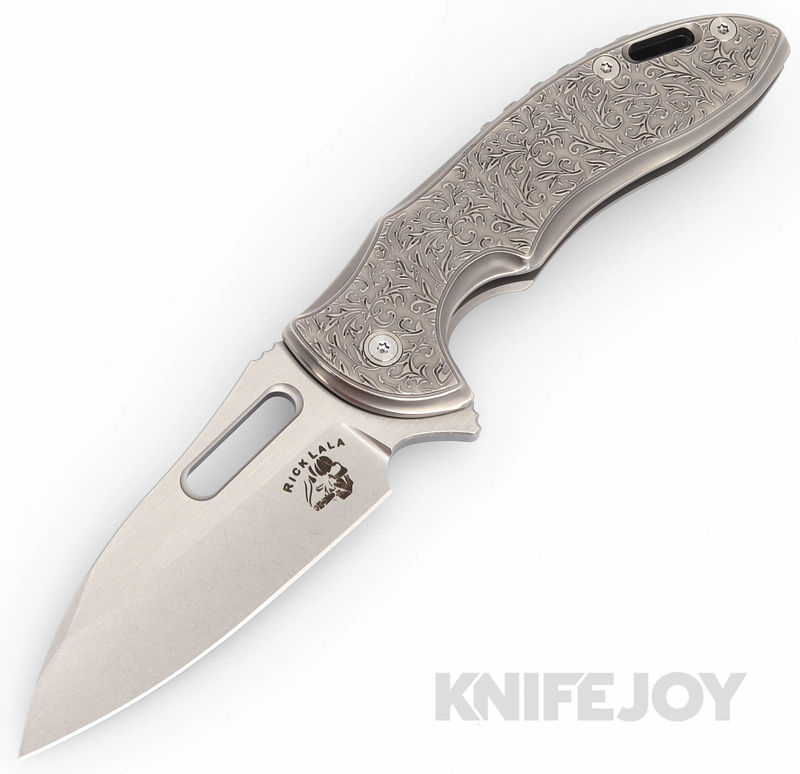 Mechforce Knives Rick Lala Collab Sentry Frame Lock Flipper Knife M390 Dual Tone Blade with Scroll Pattern Titanium Handles