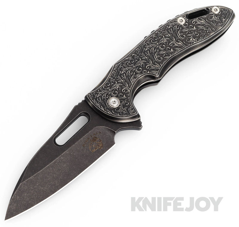 Mechforce Knives Rick Lala Collab Sentry Frame Lock Flipper Knife Black M390 Blade with Black Scroll Pattern Titanium Handles