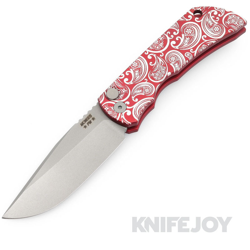 McNees Knives PM Mac 2 Auto Stonewash Blade with Matte Red Paisley Aluminum Handle