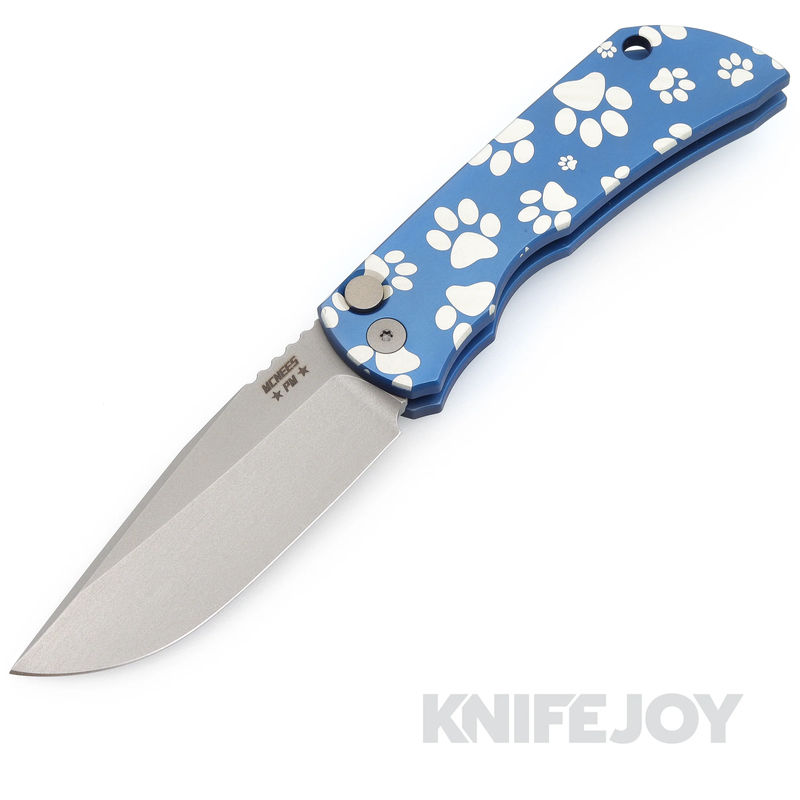 McNees Knives PM Mac 2 Auto Stonewash Blade with Matte Blue Dog Paws Aluminum Handle