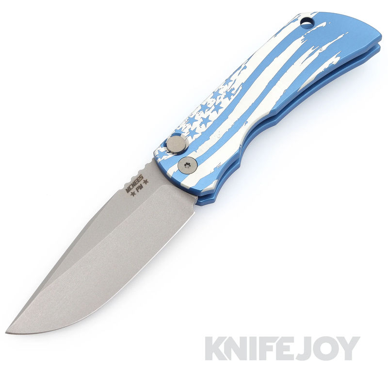 McNees Knives PM Mac 2 Auto Stonewash Blade with Matte Blue USA Flag Aluminum Handle