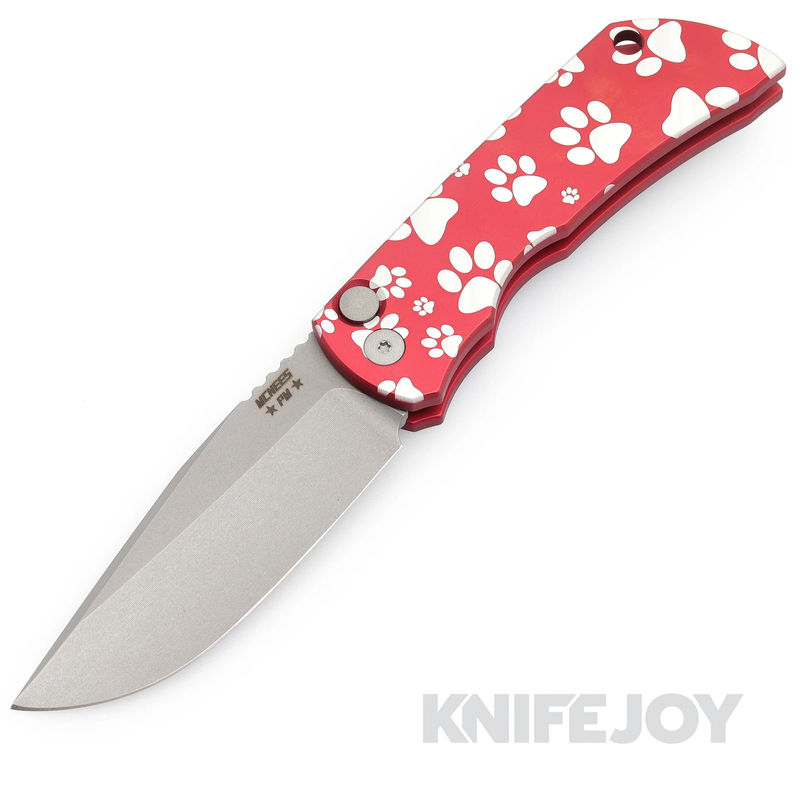 McNees Knives PM Mac 2 Auto Stonewash Blade with Matte Red Dog Paws Aluminum Handle