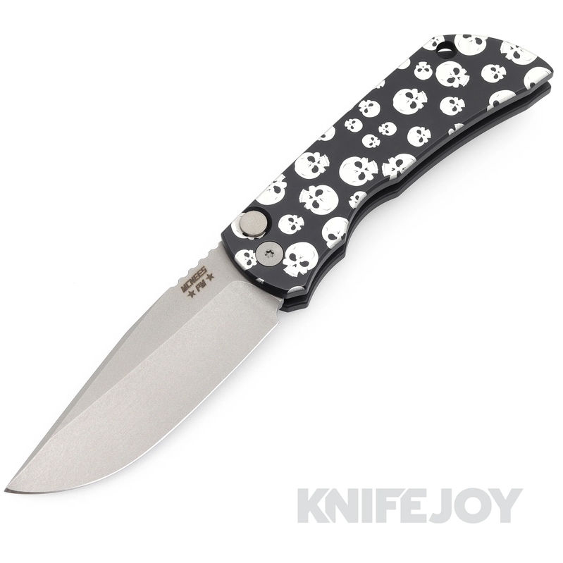 McNees Knives PM Mac 2 Auto Stonewash Blade with Matte Black SKULLS Aluminum Handle