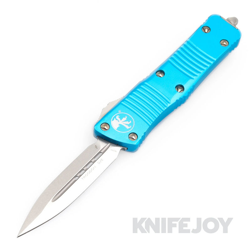 MICROTECH 138-10TQ Troodon OTF Auto Double Edge Stonewash Standard Blade with Turquoise Aluminum Handles - Clearance-Open Box