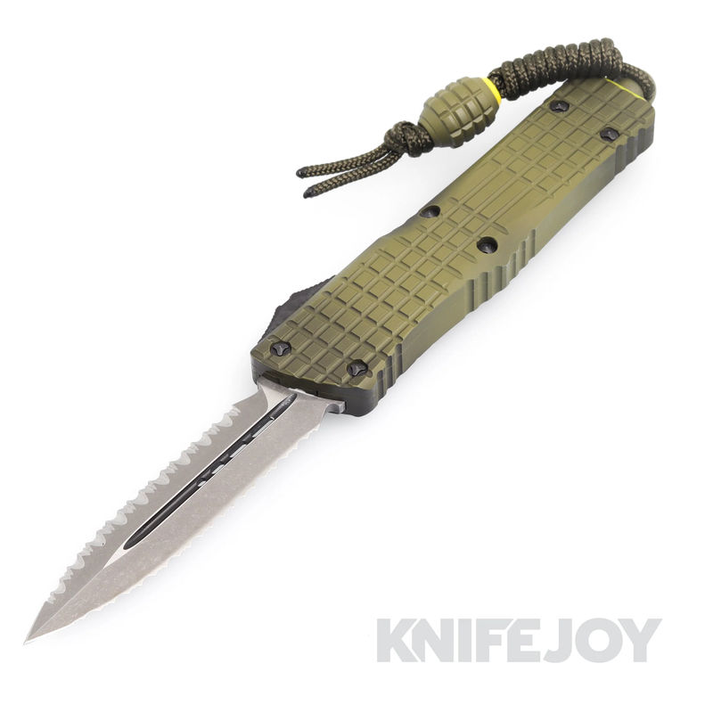 MICROTECH 142-DR12APFOGG Combat Troodon OTF Auto Double Edge Frag Off Series Serrated Blade with Grenade Green Aluminum Handles - Clearance-Open Box
