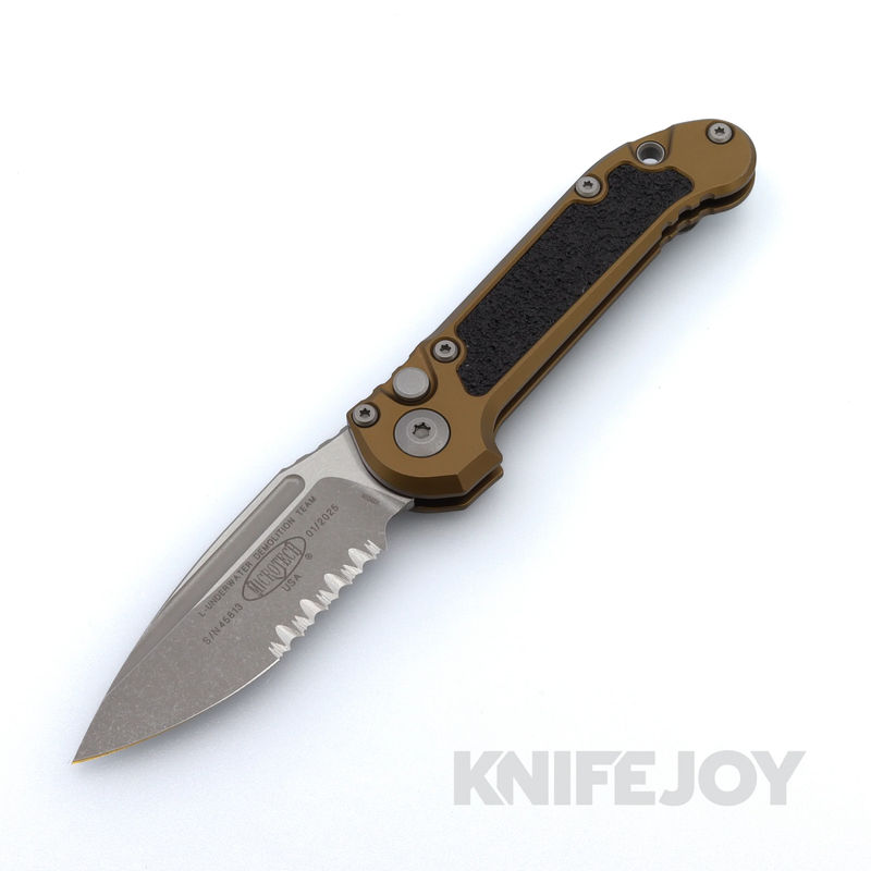 MICROTECH 1135-11APTA Auto L.U.D.T. GEN III Auto Tanto Edge Apocalyptic Partially Serrated Blade with Tan Aluminum Handles