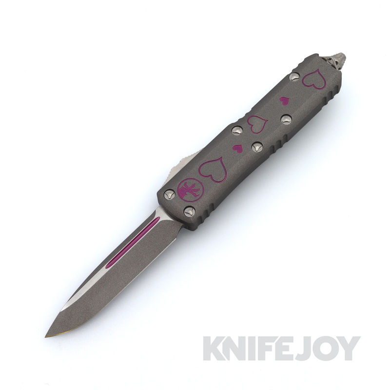 MICROTECH 231-1VNS UTX-85 II OTF Auto Single Edge Gray Standard Blade with Gray Aluminum Handle and Heart Accents