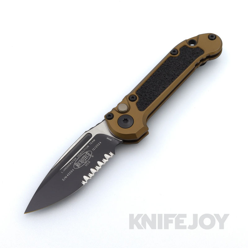 MICROTECH 1135-2TA Auto L.U.D.T. GEN III Auto Two-Tone Partially Serrated Blade with Tan Aluminum Handles