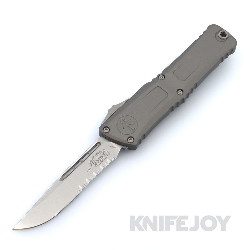 MICROTECH 1143-11NC Combat Troodon III OTF Auto Single Edge Stonewash Partially Serrated Blade with Natural Clear Aluminum Handles