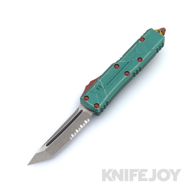 MICROTECH 233-11BH UTX-85 II OTF Bounty Hunter Auto Tactical Partially Serrated Tanto Stonewash Blade with Distressed Green Aluminum Handles