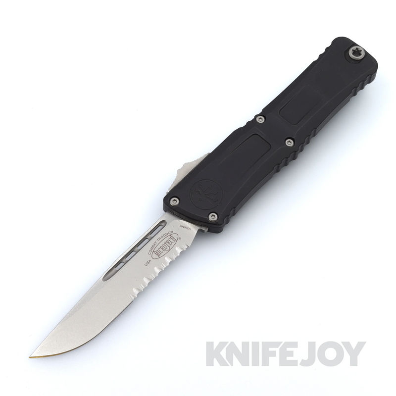 MICROTECH 1143-11 Combat Troodon III OTF Auto Single Edge Stonewash Partially Serrated Blade with Black Aluminum Handles