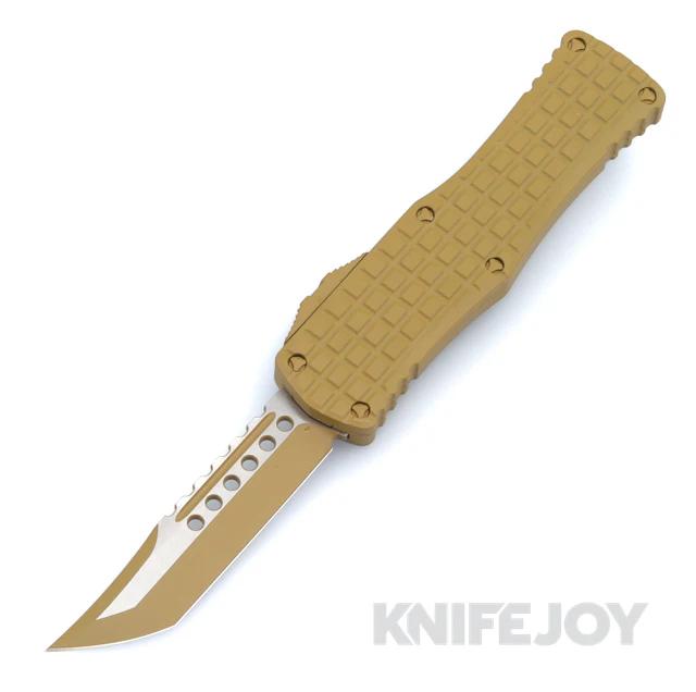 MICROTECH 919-1FRCRAS Hera Auto OTF Signature Series HellHound Shadow Tanto Edge RAL-8000 Cerakote / Satin Flats Blade with RAL-8000 Frag Aluminum Handles