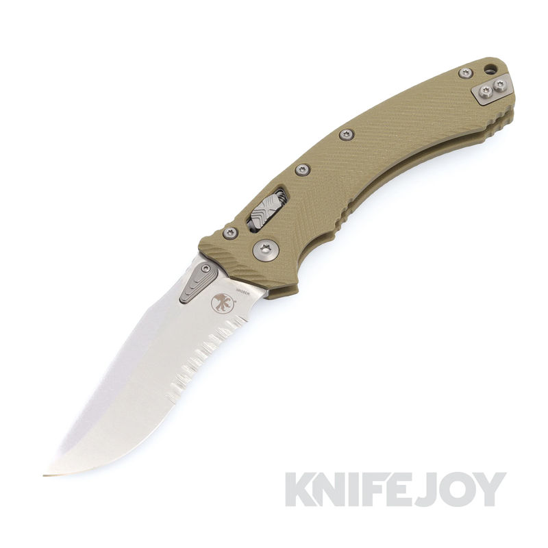 MICROTECH 137RL-11FLGTOD Amphibian RAM-LOK Folder Stonewash Partially Serrated Blade with Fluted OD Green G10 Handles