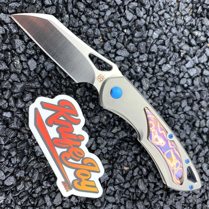 Olamic Cutlery Custom WhipperSnapper Wharncliffe Satin Blade/Fedokume Curved Inlays with Blue Accents