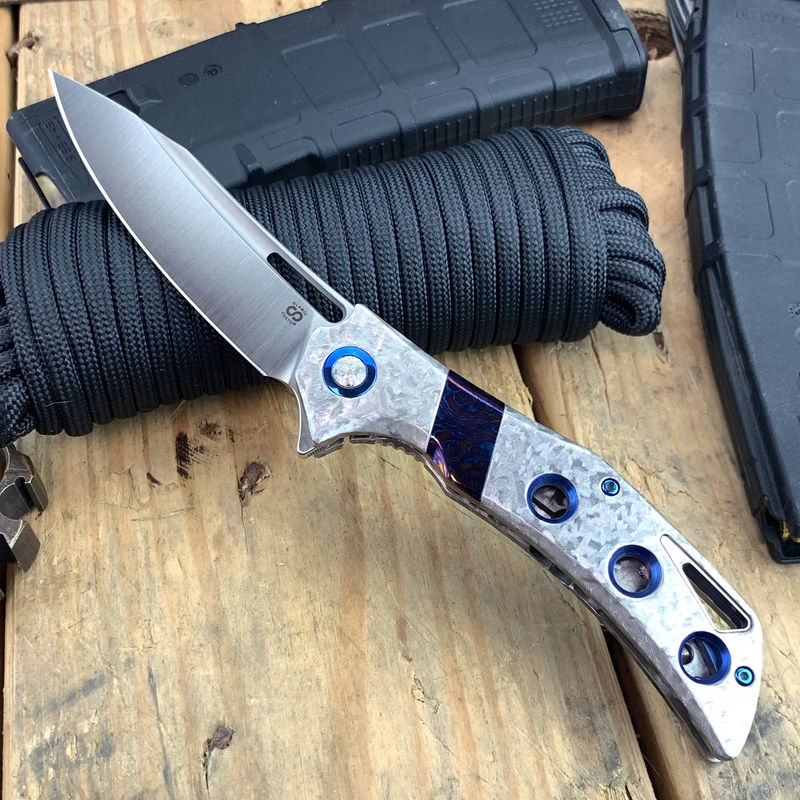 Olamic Cutlery Custom Swish Elmax Slicer Blade with Timascus Stripe Inlay/Blue Accents/Frosty Handle