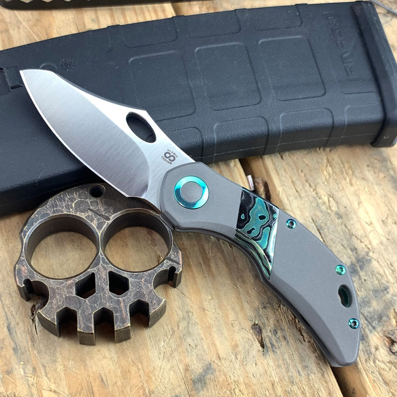 Olamic Cutlery Custom Busker 365 M390 Semper Satin Blade/ Black Timascus with Green Stripe Inlay and Green Accents