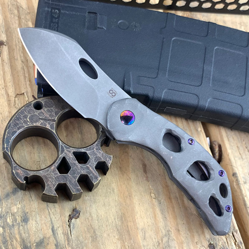 Olamic Cutlery Custom Busker 365 M390 Large Stonewash Blade/ Rocks with Funky Holes and Entopic Accents