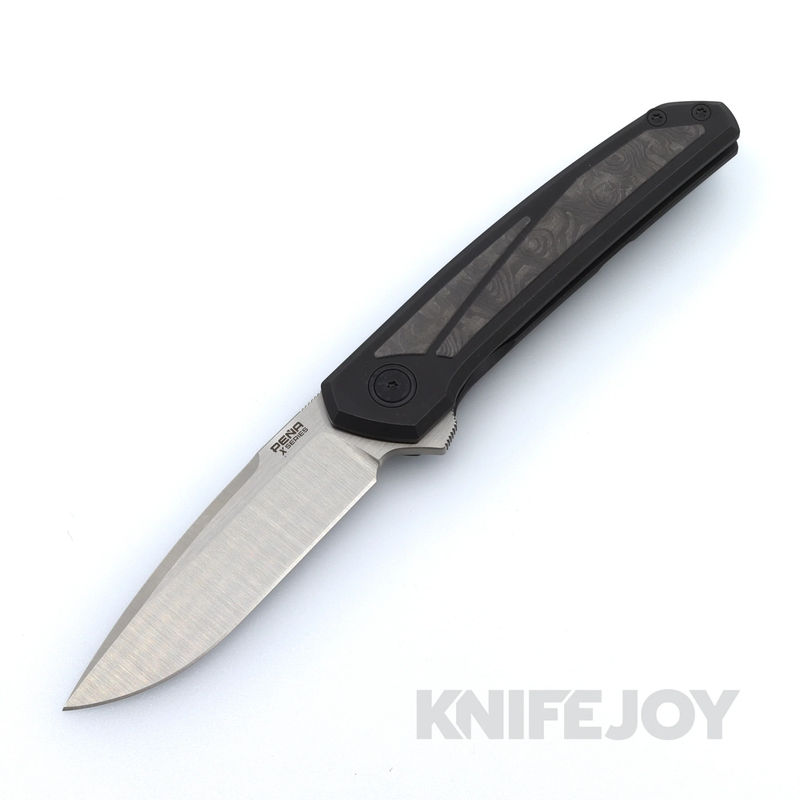 Pena X-Series Cobra Flipper Satin M4 Blade with PVD Titanium / Black Dunes Fat Carbon Inlay Scales