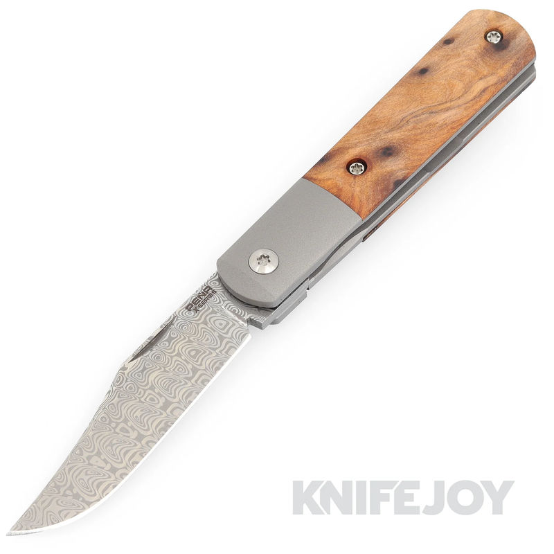 Enrique Pena X Series Front Flipper Barlow #1 Clip Point Damasteel Blade with Custom Wood Handles