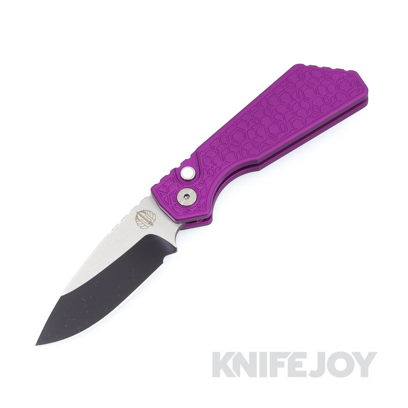 Pro-tech Knives 2024 PT+ Custom.008 Strider Two-Tone DLC / Satin Magnacut Blade with Purple Gridlock Textured Handles and Pearl Button