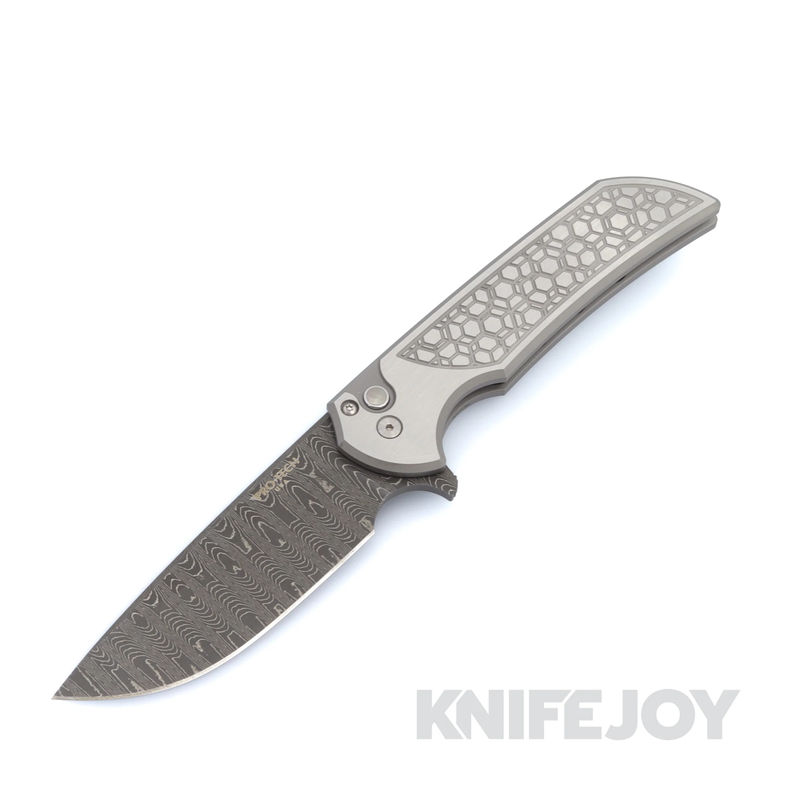Pro-tech Knives 2024 Mordax Custom 003 Begas Forge Sharktooth Damascus Blade with Stainless Steel 2-Tone Gridlock Handles / Pearl Button / Blue Clip