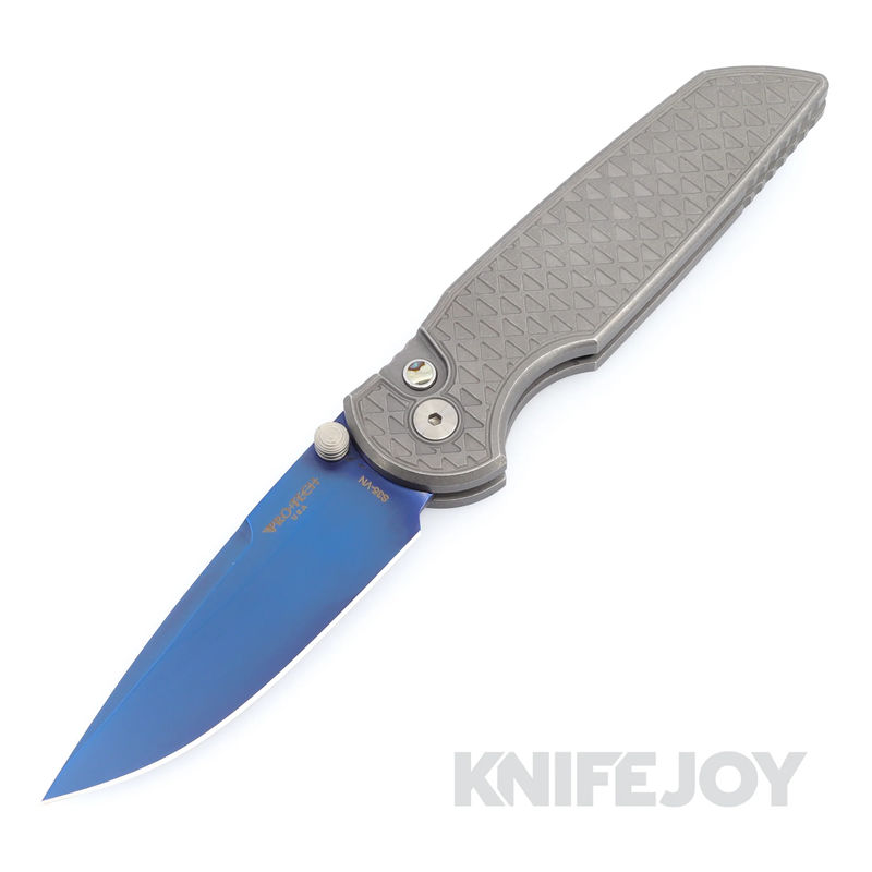 Pro-tech Knives PT-INTEGRITY-CUSTOM.003 Tactical Response 3 Integrity Manual Sapphire Blue S35VN Blade with Relic Textured Blasted/Stonewashed 17-4 Steel Handles/ Satin Hardware/ Abalone Button/ Deep Carry Clip