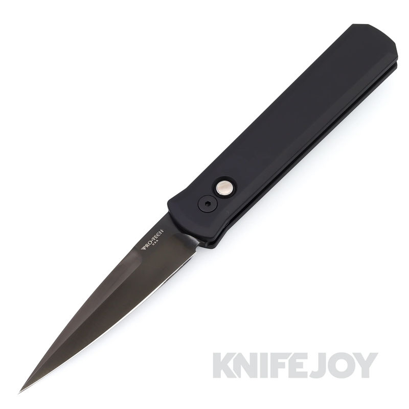 Pro-tech Knives 921-DARK GODFATHER Auto Plain Edge Black DLC Satin Blade with Black Aluminum Handles/ Black Lip Pearl Button/ Black Hardware
