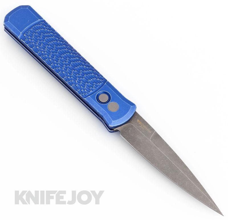 Pro-tech Knives 926-LHAWBW-BLUE GODFATHER Auto LEFT HANDED Plain Edge Acidwashed Blade with Battleworn Blue Aluminum Handles