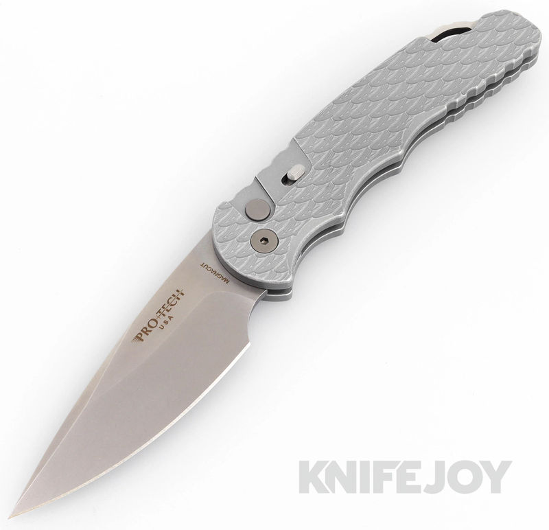 Pro-tech Knives TR-T4105FBW Auto Tactical Response 4 Stonewash Magnacut Saber Grind Blade with Battleworn Grey Feather Texture Handle/ Steel Secondary Safety