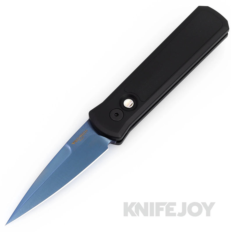 Pro-tech Knives 755-SB GODSON Auto Folder Sapphire Blue Plain Blade with Black/ Single Side G10 Inlay Handles/ Deep Carry Clip/ Abalone Button