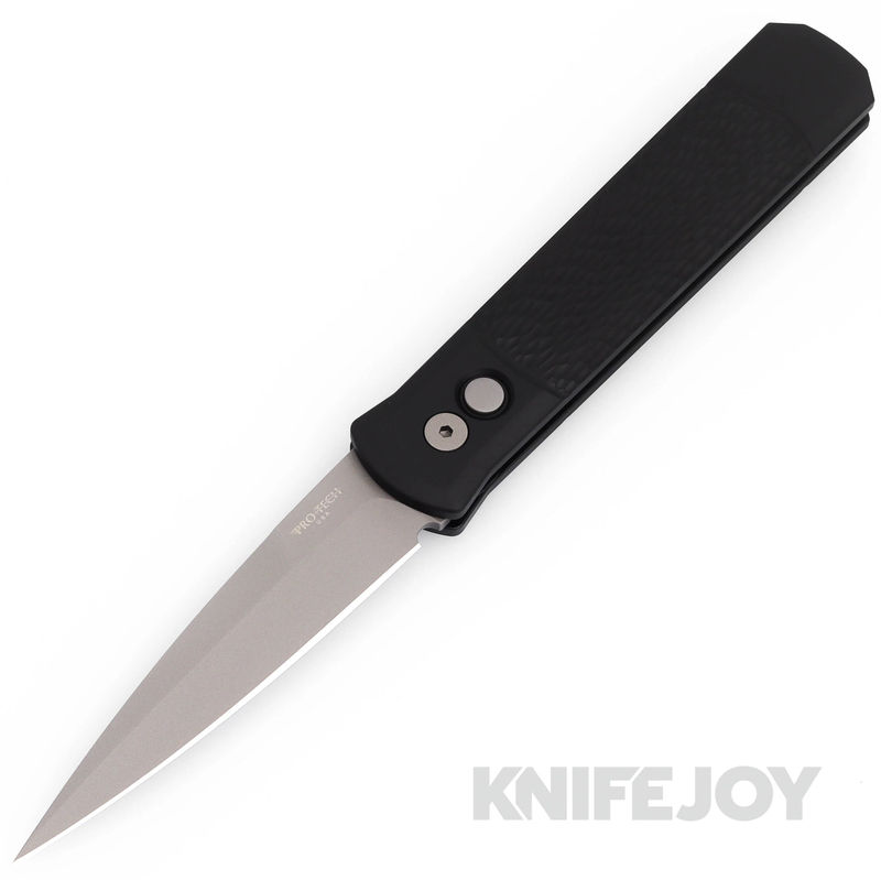 Pro-tech Knives 924 GODFATHER Auto Bead Blasted Plain Blade with Black Jigged Aluminum Handles