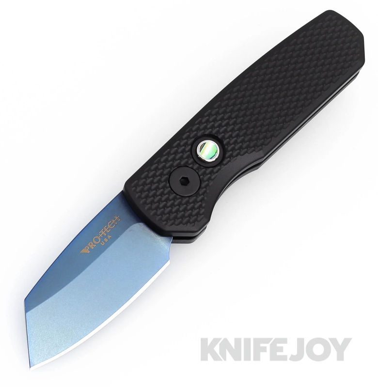 Pro-tech Knives PTR5406-SB Auto Runt 5 Sapphire Blue Reverse Tanto Magnacut Blade with Textured Black Aluminum Handles/ Mother of Pearl Button