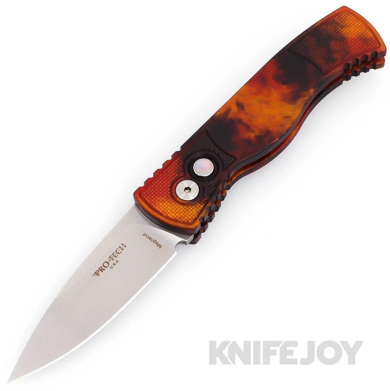 Pro-tech Knives PTT-201 Tactical Response 2 Auto Del Fuego Folder Plain Edge Stonewash Blade with Del Fuego Anodized Black Aluminum Handles/ Textured Corners/ Satin Deep Carry Clip