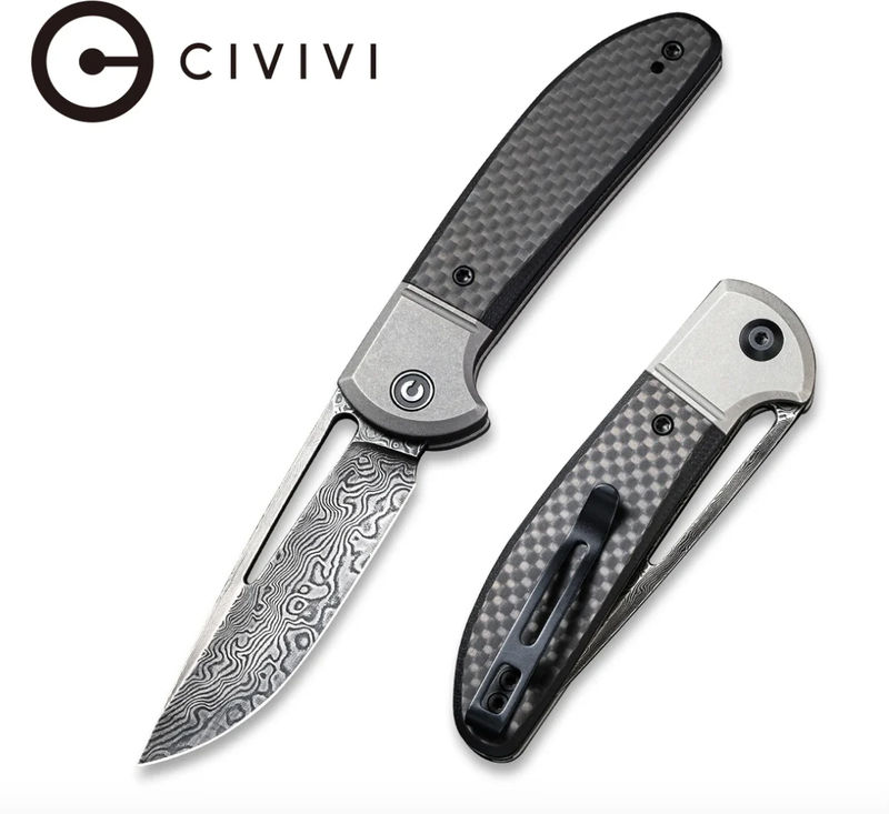 We Knife - CIVIVI Trailblazer Twill Carbon Fiber Overlay On Black G10 On Gray Stainless Steel Handle