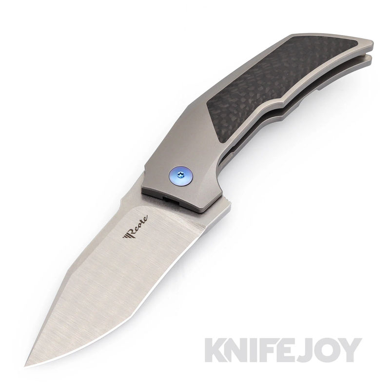 Reate Tashi Bharucha T3000 Flipper Knife Satin Recurve Tanto Blade with Grey Titanium/ Carbon Fiber Inlay/ Blue Screws Handles
