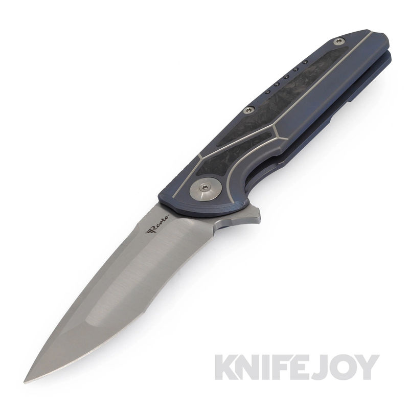 Reate K-4 Frame Lock Knife Satin Finish Blade with Blue Titanium/ Carbon Fiber Inlay Handles