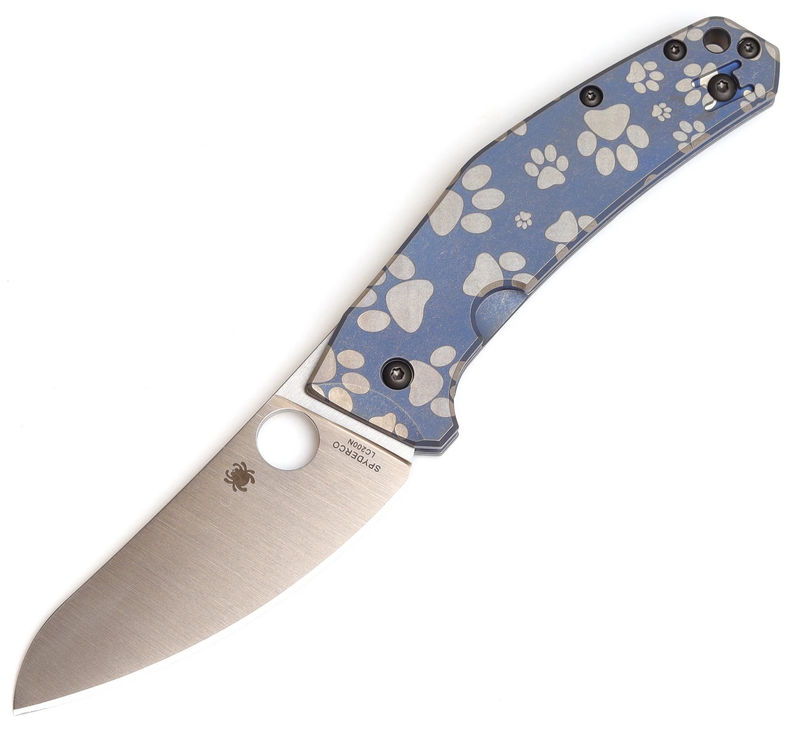 Spyderco C211TIPBLPAW SpydieChef Blue Ti Plainedge KnifeJoy Exclusive Custom Paws Engraved
