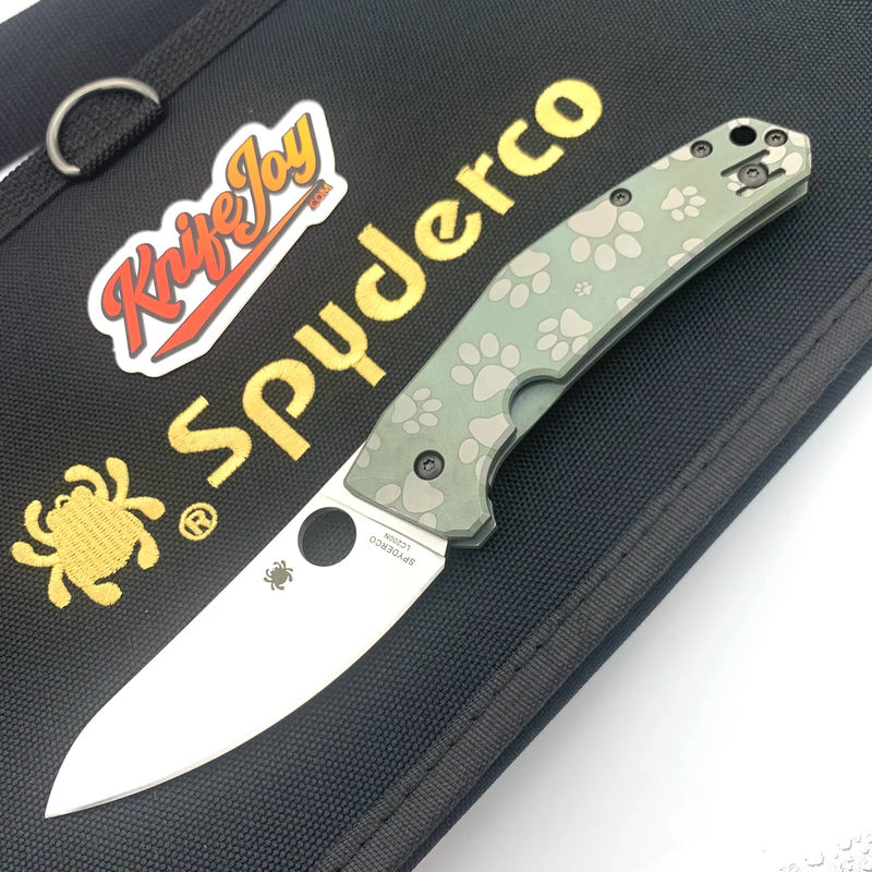 Spyderco C211TIPGNPAW SpydieChef Green Ti Plainedge KnifeJoy Exclusive Custom Paws Engraved