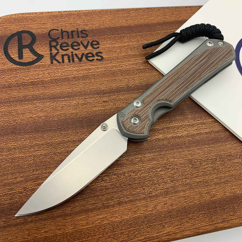 Chris Reeve Knives Small Sebenza 31 Drop Point/Double Silver Lug with Natural Canvas Micarta Inlays
