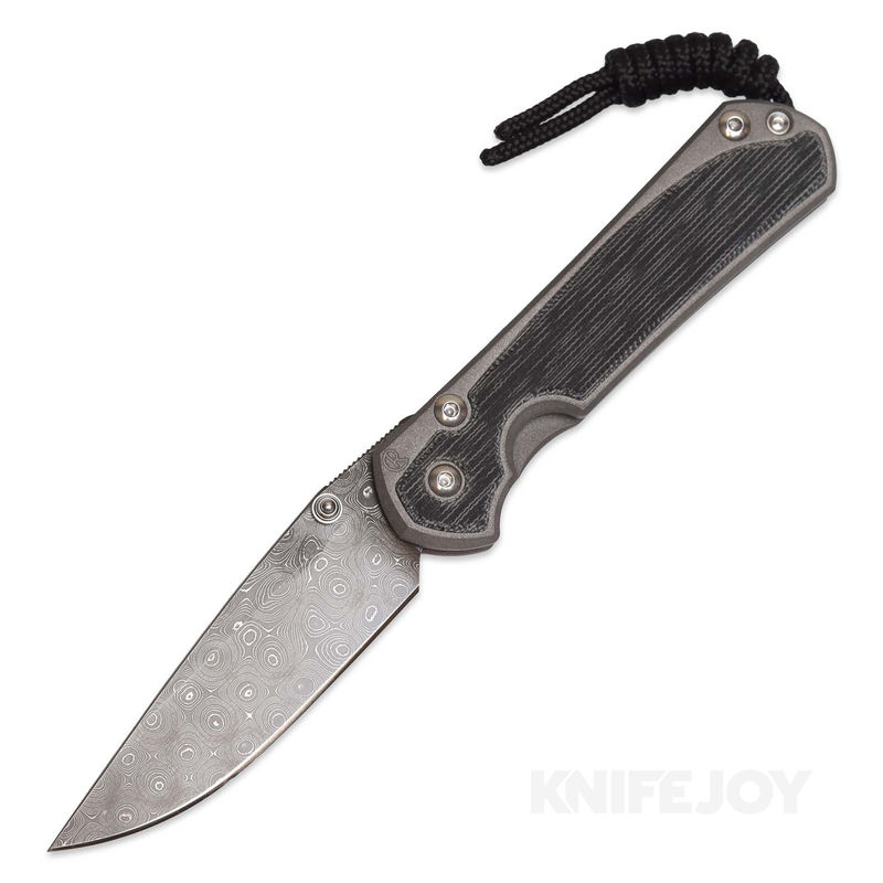 Chris Reeve Knives Small Sebenza 31 Black Canvas Micarta Inlay with Raindrop Damascus Drop Point Blade/ Double Silver Lugs