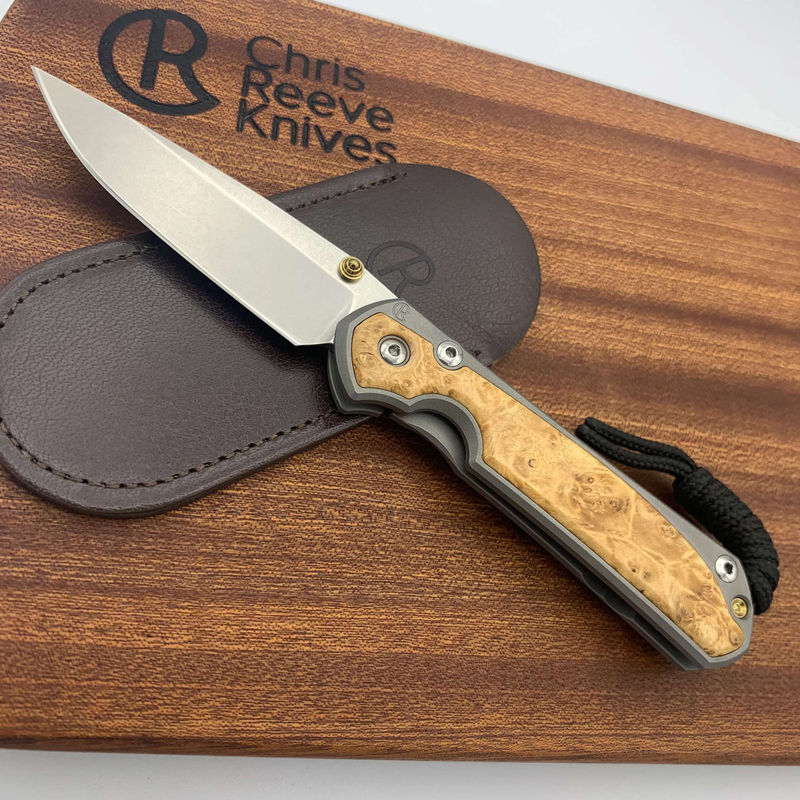 Chris Reeve Knives Small Sebenza 31 Drop Point Box Elder Inlay with Double Gold Lugs/ Matte Handles