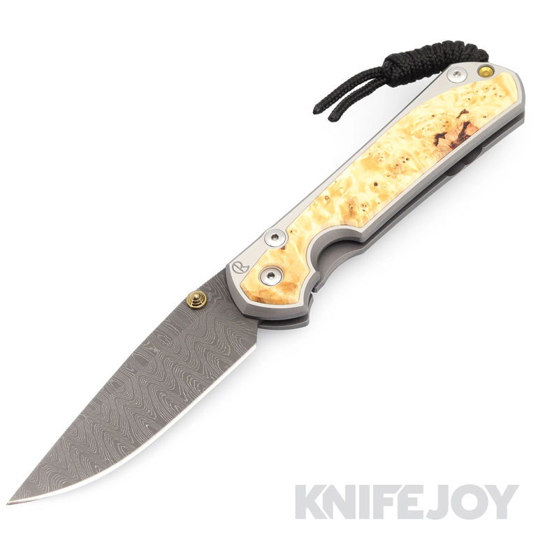 Chris Reeve Knives Large Sebenza 31 Drop Point Ladder Damascus with Box Elder Inlay Polished Handles