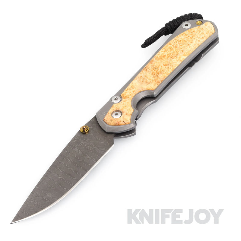 Chris Reeve Knives Large Sebenza 31 Ladder Damascus Drop Point Double Gold Lug Blade with Box Elder Inlay Matte Finish Handles