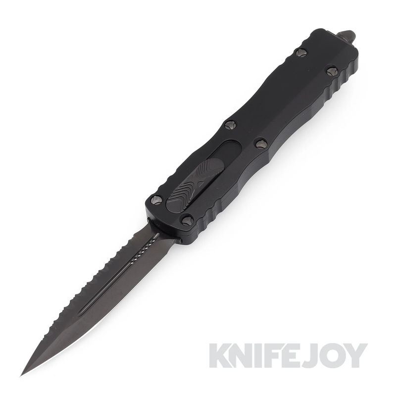 MICROTECH 225-3DLCTSH Dirac Shadow OTF Auto Signature Series Double Edge DLC Full Serrated Blade with DLC Hardware/ Black Aluminum Handles