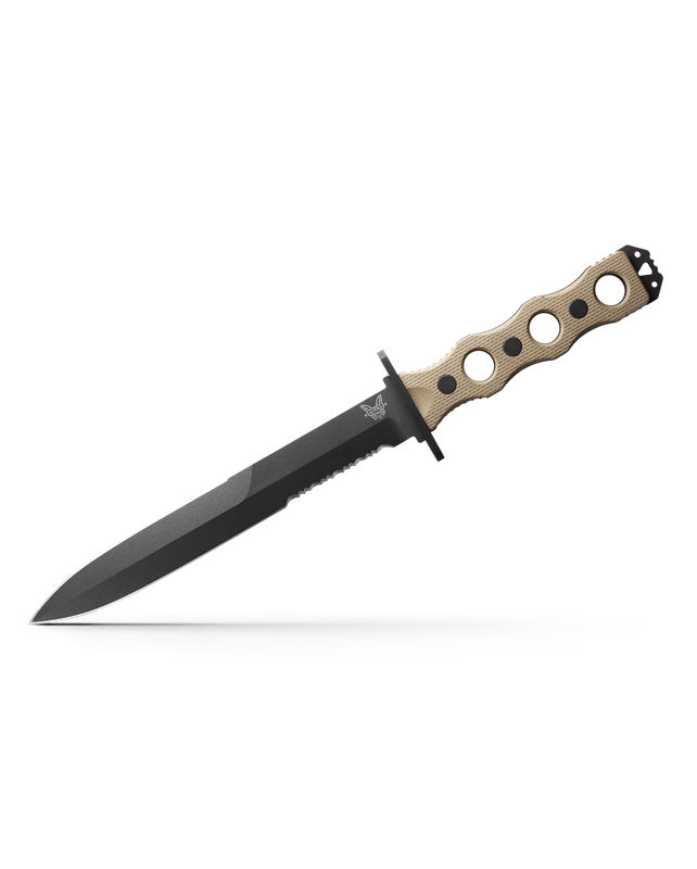 Benchmade 185SBK-1 SOCP Fixed Blade Double Edge Serrated Dagger 3V Cobalt Black Blade with Desert Tan G10 Handles