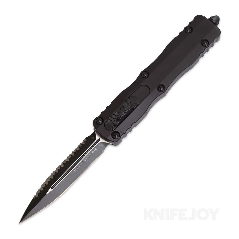 MICROTECH 227-3T Dirac Delta OTF Auto Double Edge Tactical Serrated Blade with Black Aluminum Handles