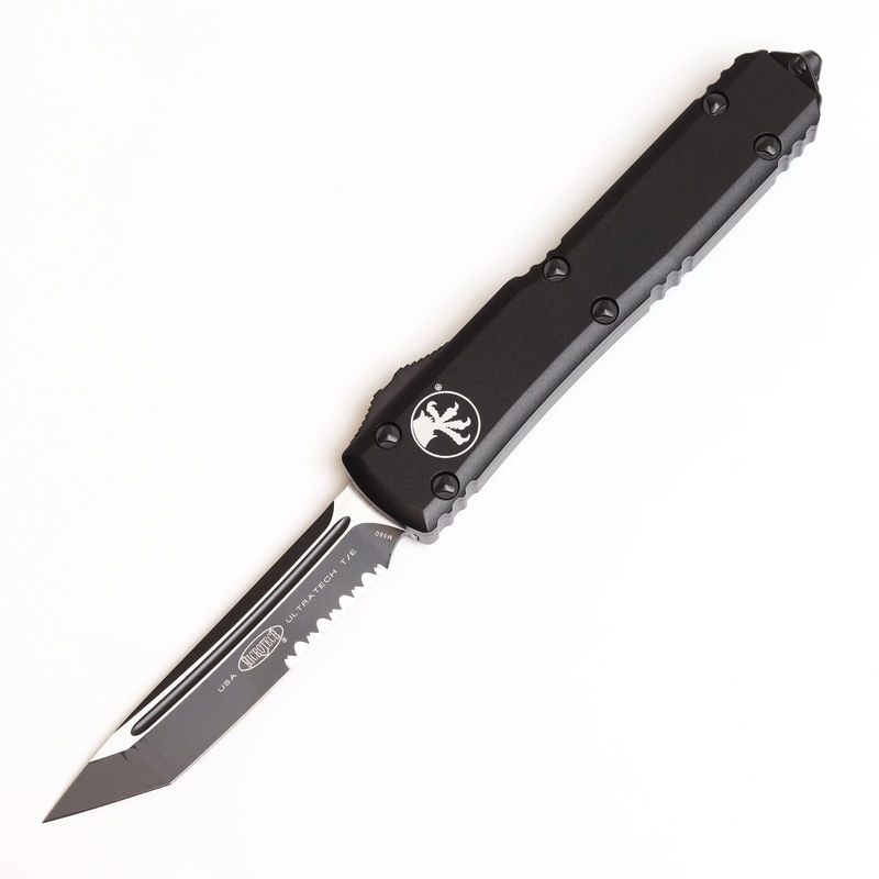 MICROTECH 123-2T Ultratech OTF Auto Tactical Black Tanto Partially Serrated Blade with Black Aluminum Handles