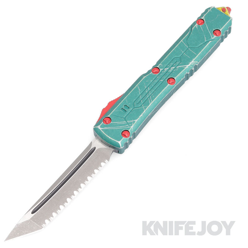 MICROTECH 123-12BH Ultratech OTF Auto BH Apocalyptic Tanto Full Serrated Stonewash Blade with Black Blood Groove/ Red Screws/ Yellow Striped Pocket Clip/ Green Aluminum Distressed Handles Aluminum Handles