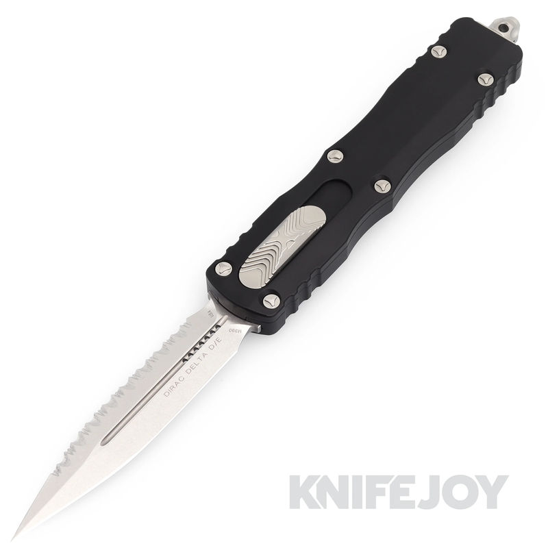 MICROTECH 227-12 Dirac Delta OTF Auto Double Edge Stonewash Full Serrated Blade with Black Aluminum Handles