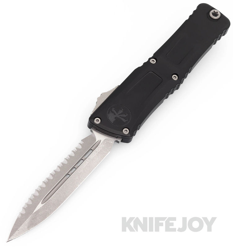 MICROTECH 1142-12AP Combat Troodon III OTF Auto Double Edge Apocalyptic Full Serrated Blade with Black Aluminum Handles